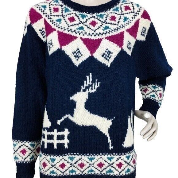 Vintage 80s Fair Isle Nordic 100% Hand Knit Wool Pullover Sweater Reindeer - Picture 1 of 6